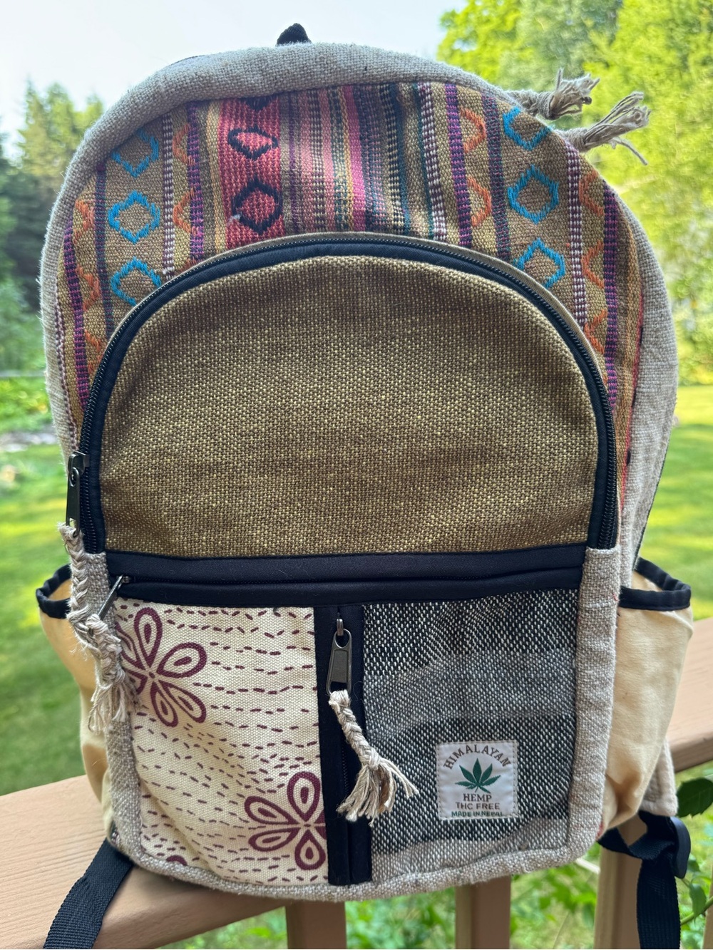 Himalayan Hemp Tan & Multi Backpack with Patterned Front Pockets